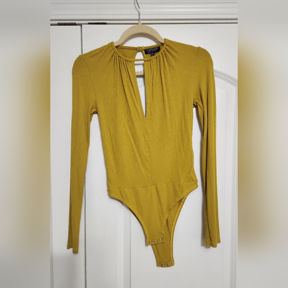 Topshop Nordstrom Slinky Long Sleeve Mustard Yellow Bodysuit - Picture 3 of 6